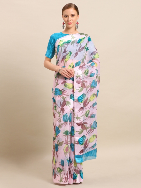 

Kvsfab Pink & Blue Linen Blend Floral Printed Saree