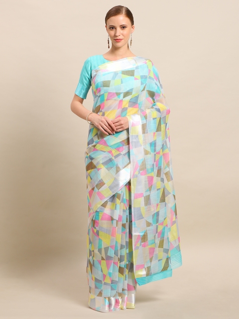 

Kvsfab Multicoloured Geometric Printed Linen Blend Saree, Multi