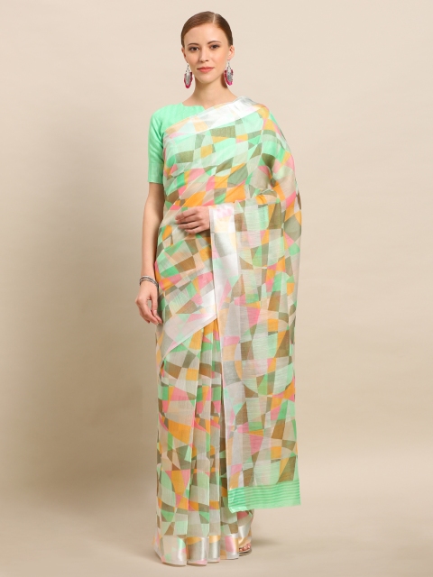 

Kvsfab Multicoloured Abstract Printed Linen Blend Saree, Multi