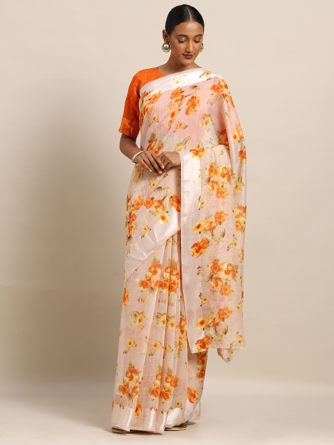 

Kvsfab Cream-Coloured & Orange Linen Blend Printed Saree