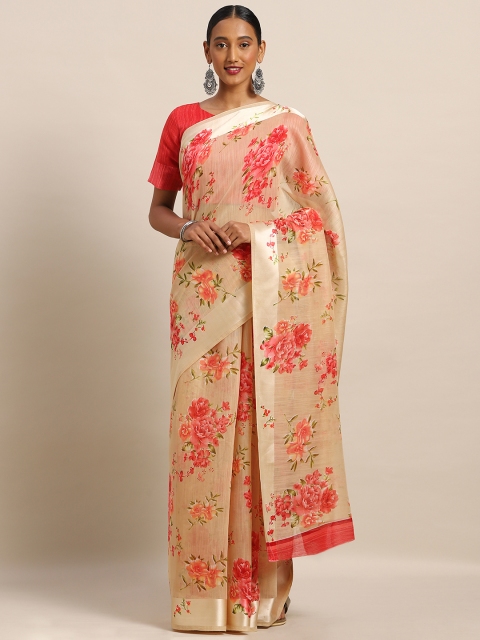 

Kvsfab Cream-Coloured & Red Linen Blend Floral Printed Saree