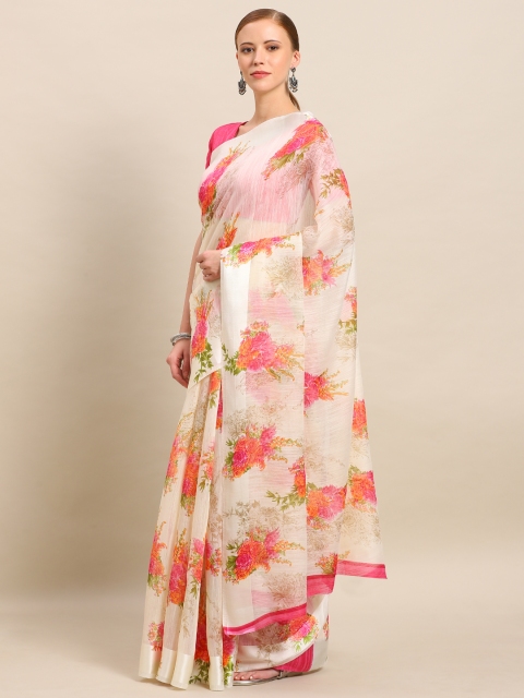 

Kvsfab Beige & Pink Linen Blend Digital Printed Saree