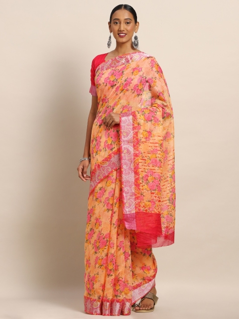 

Kvsfab Orange & Pink Cotton Blend Printed Saree