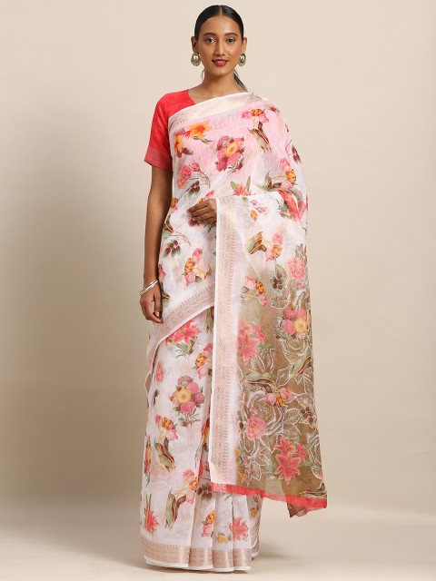 

Kvsfab Off-White & Orange Cotton Blend Printed Saree