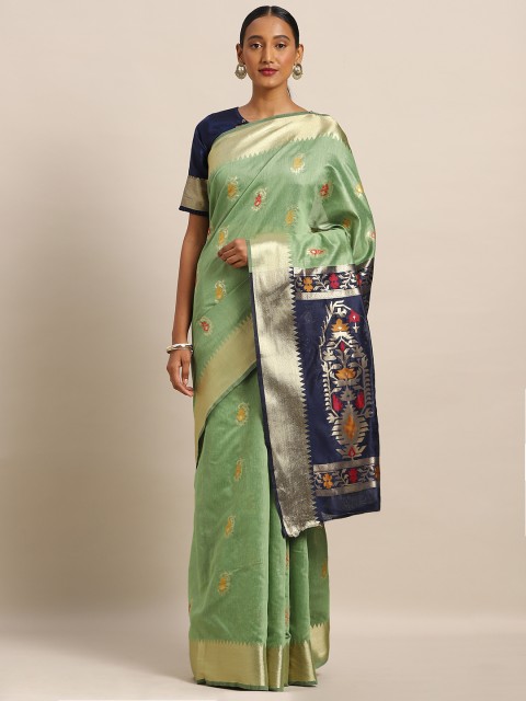 

Kvsfab Green & Navy Blue Silk Blend Woven Design Saree