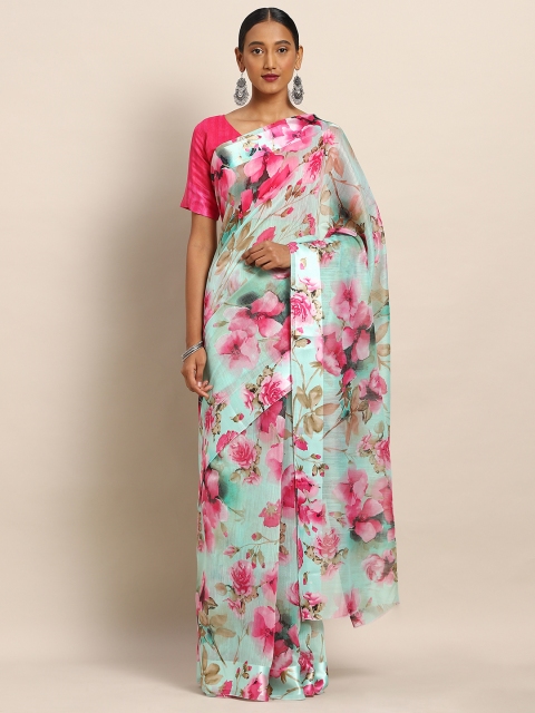 

Kvsfab Sea Green & Pink Linen Blend Digital Printed Saree