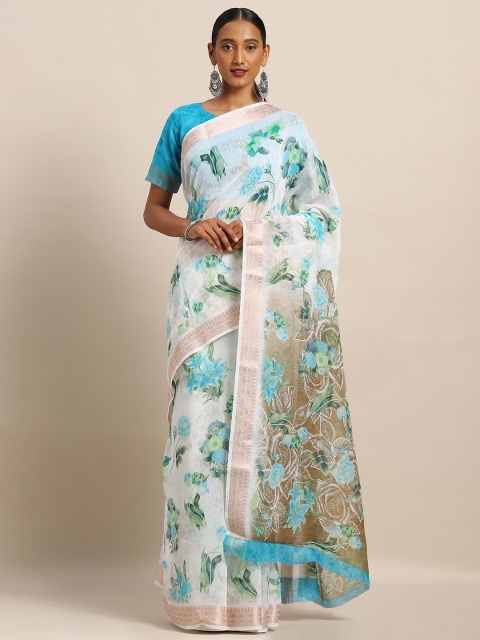 

Kvsfab Off-White & Blue Cotton Blend Printed Saree