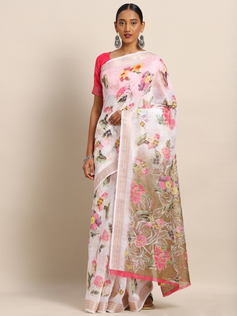 

Kvsfab Off-White & Green Cotton Blend Floral Printed Saree