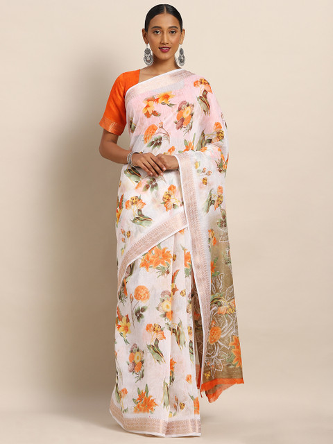 

Kvsfab White & Orange Cotton Blend Floral Printed Saree