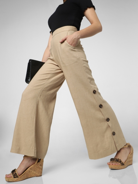 

Vero Moda Women Beige Regular Fit Solid Parallel Trousers with Button Detail