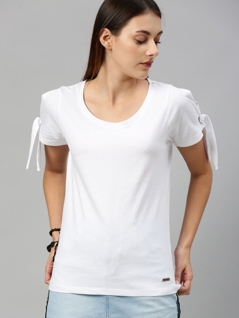 

Roadster Women White Solid Round Neck T-shirt with Tie-Up Detail
