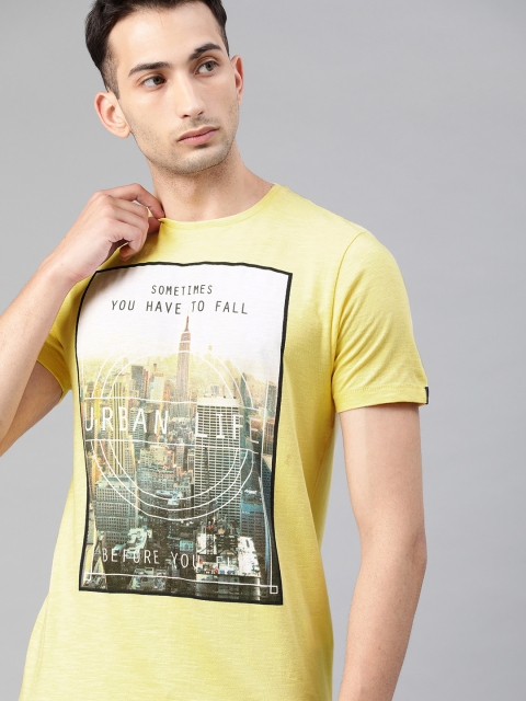 

Basics Men Yellow Printed Round Neck T-shirt