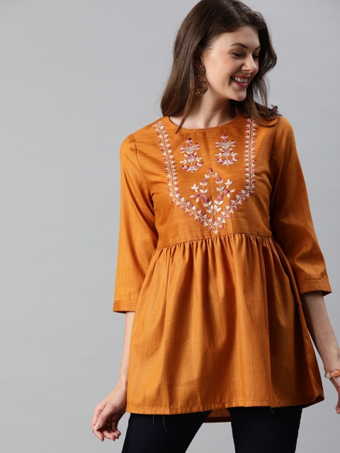 

Anouk Women Mustard Yellow Embroidered A-Line Top