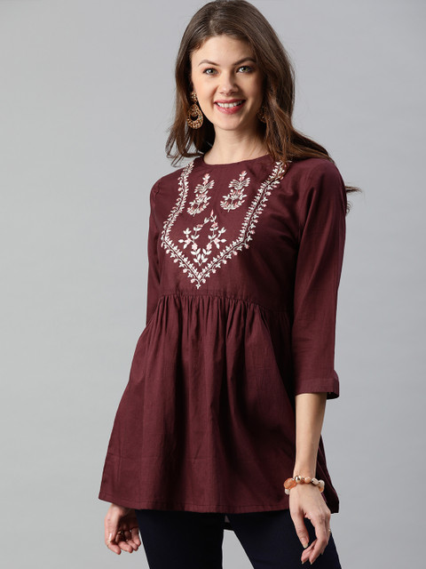 

Anouk Women Maroon Embroidered A-Line Pure Cotton Top