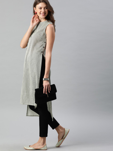 

Anouk Women Off-White & White Striped Straight Kurta with Button Detail
