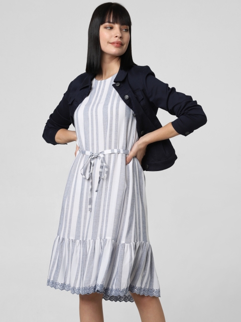 

Vero Moda Women White & Blue Striped A-Line Dress with Tie-up