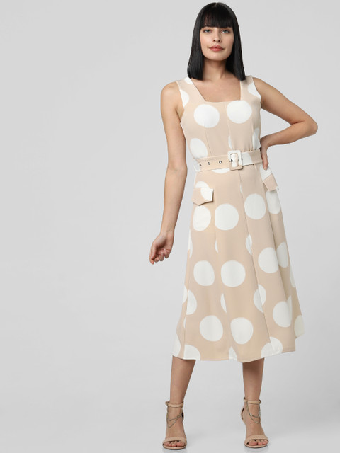 

Vero Moda Women Beige & White Polka Dots Printed A-Line Dress