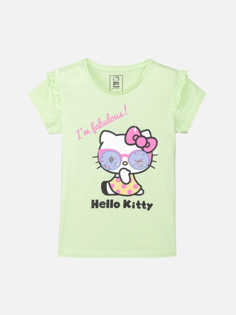 

Kids Ville Girls Green Hello Kitty Printed Round Neck T-shirt