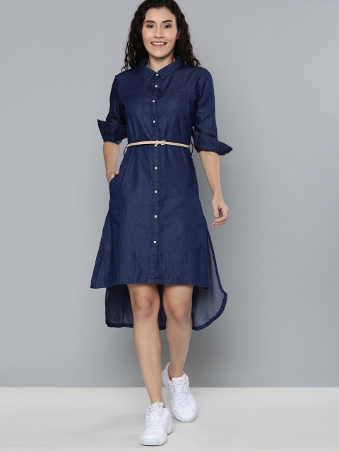 

HERE&NOW Women Blue Solid Denim Shirt Dress with High-Low Hem