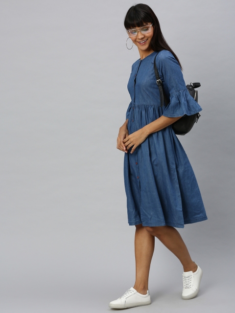 

HERE&NOW Women Blue Solid Fit and Flare Dress