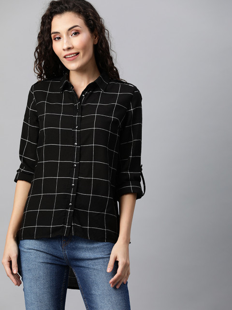 

HERE&NOW Women Black & White Checked Regular Fit Casual Shirt