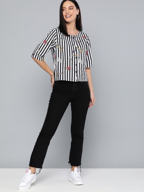 

HERE&NOW Women White & Black Striped Shirt Style Pure Cotton Top With Printed Detail