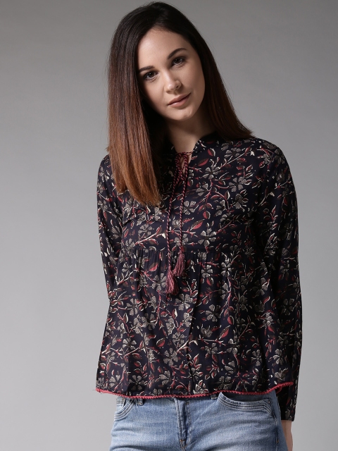 

HERE&NOW Women Navy Blue and Grey Floral Printed Gathered A-Line Top