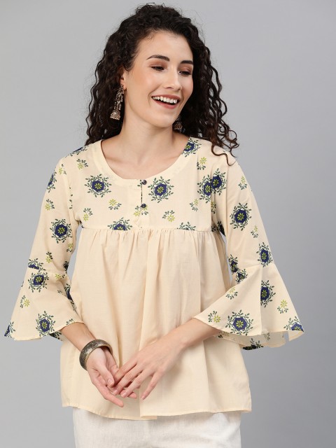 

HERE&NOW Women Cream-Coloured & Blue Printed Pure Cotton Top