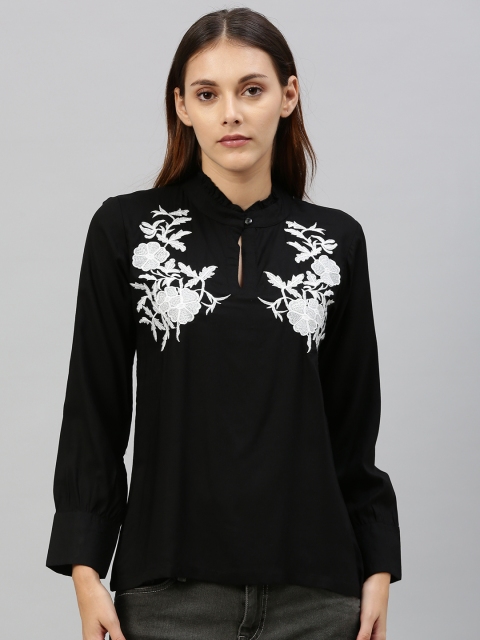

HERE&NOW Women Black Solid Top With Keyhole Neck & Embroidery