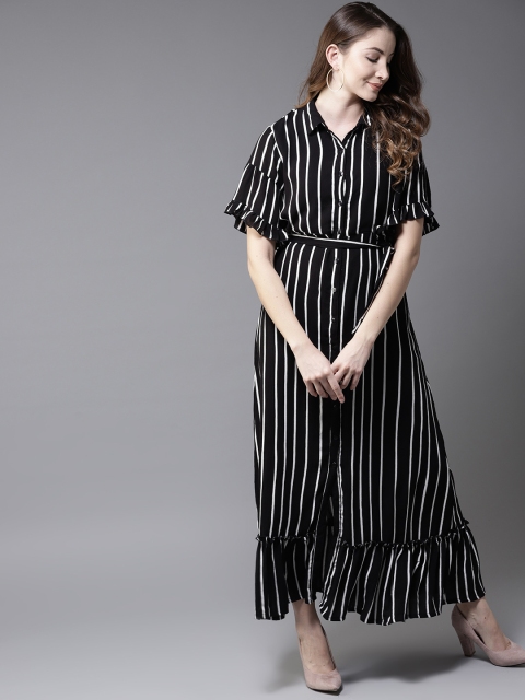

HERE&NOW Women Black & White Striped Maxi Dress with Belt