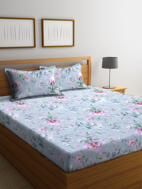 

BOMBAY DYEING Blue & Green Floral 144 TC Cotton 1 Queen Bedsheet with 2 Pillow Covers