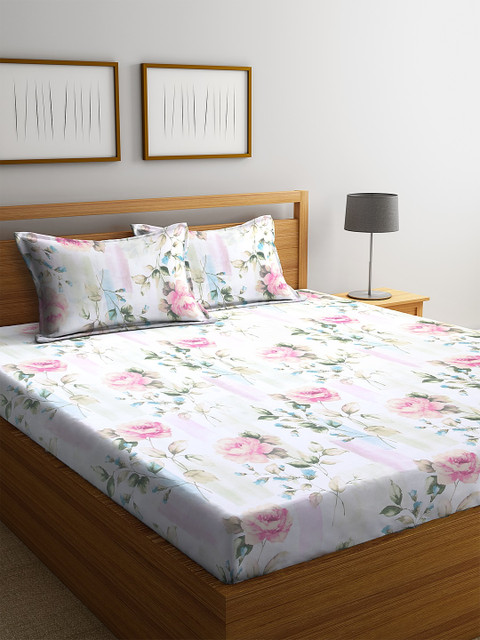 

BOMBAY DYEING White & Red Floral 144 TC Cotton 1 Queen Bedsheet with 2 Pillow Covers