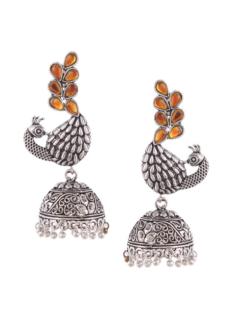 

Silvermerc Designs Orange & Silver-Plated Peacock Shaped Jhumkas