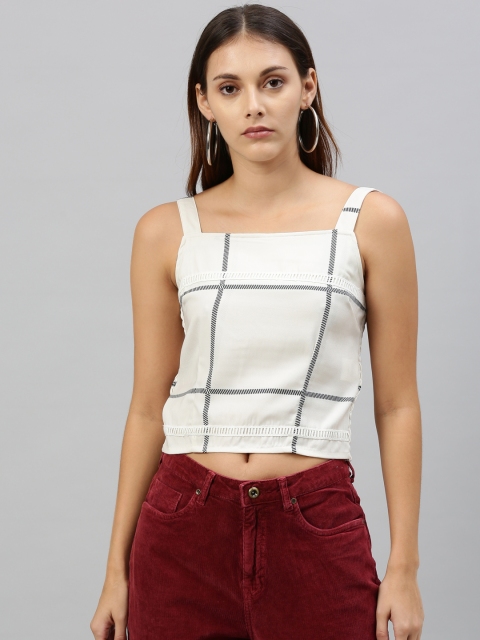 

HERE&NOW Women White & Black Checked Smocked Back Top