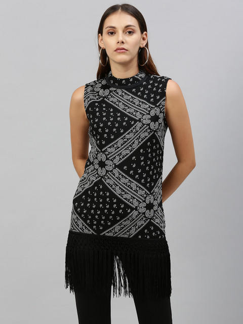 

HERE&NOW Women Grey & Black Paisley Printed Top With Fringed Hem