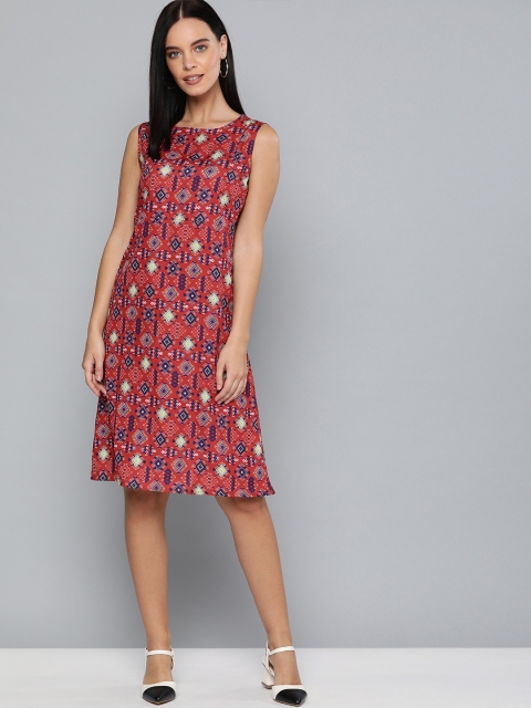 

HERE&NOW Women Rust Red & Navy Blue Printed A-Line Dress