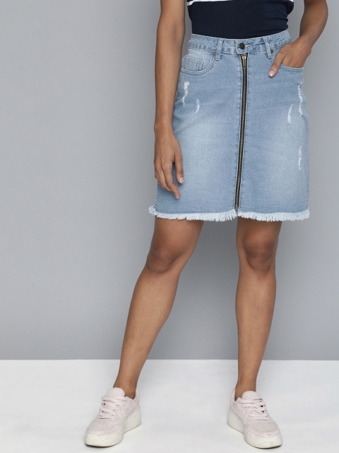 

Mast & Harbour Women Blue Washed Distressed A-Line Denim Skirt