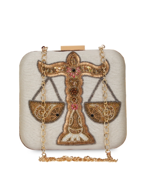 

Anekaant White & Gold-Toned Libra Zodiac Embellished Box Clutch
