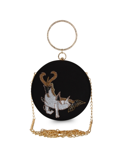 

Anekaant Black & Gold-Toned Capricorn Zodiac Embellished Box Clutch
