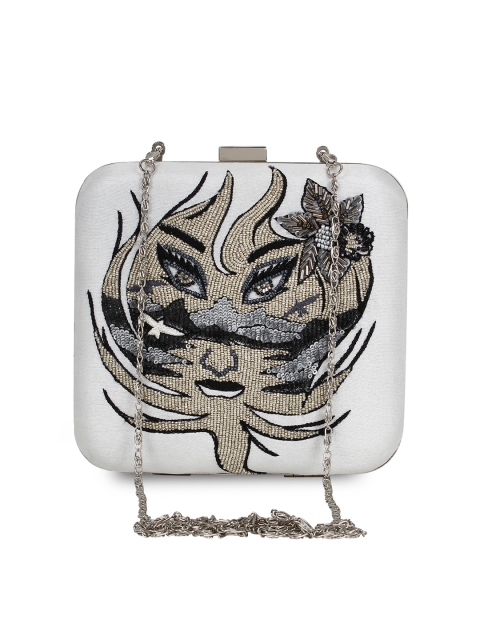 

Anekaant White & Silver-Toned Virgo Zodiac Embellished Box Clutch