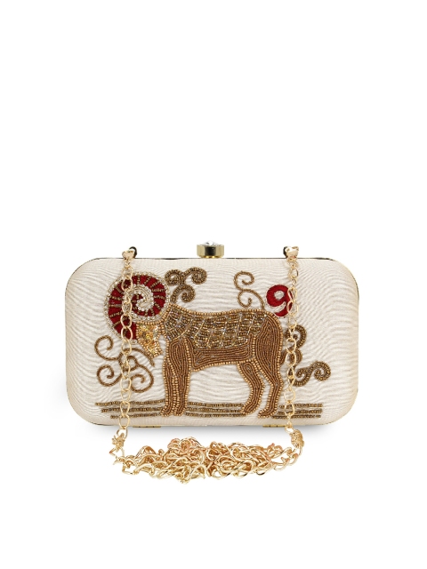 

Anekaant Cream-Coloured & Gold-Toned Aries Zodiac Embroidered Embellished Box Clutch