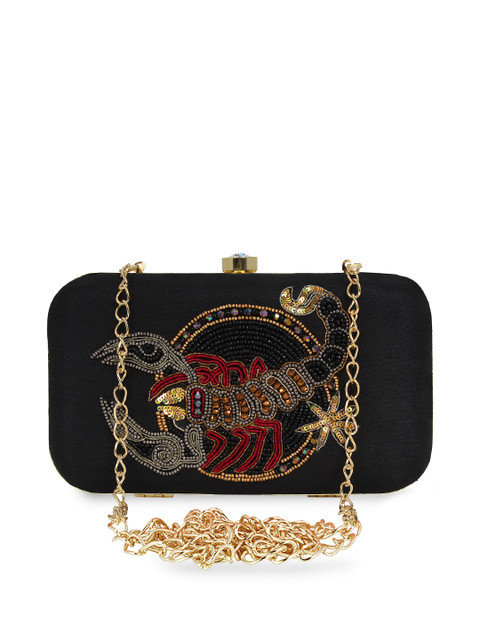 

Anekaant Black & Gold-Toned Scorpio Zodiac Embellished Box Clutch