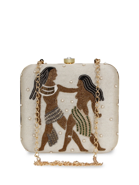 

Anekaant White & Gold-Toned Gemini Zodiac Embellished Box Clutch