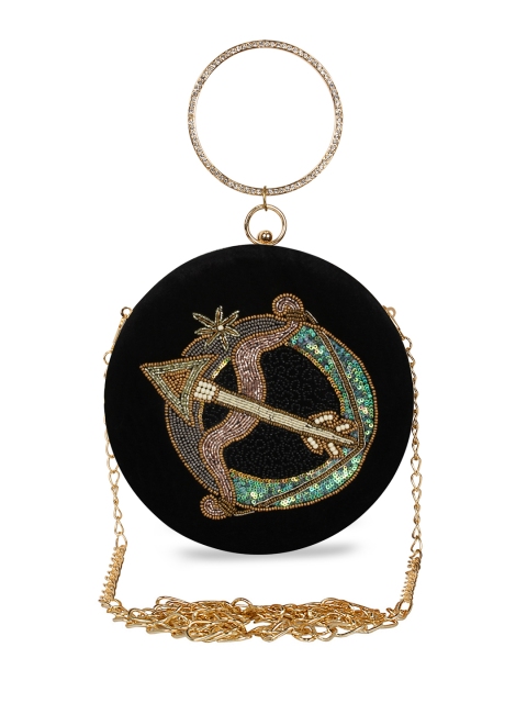 

Anekaant Black & Gold-Toned Velvet Sagittarius Zodiac Embellished Box Clutch