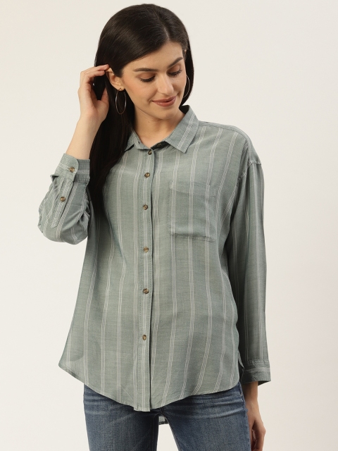 

AMERICAN EAGLE OUTFITTERS Women Green & Off-White Regular Fit Striped Casual Shirt