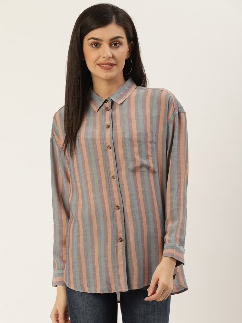 

AMERICAN EAGLE OUTFITTERS Women Grey & Peach-Coloured Regular Fit Striped Casual Shirt