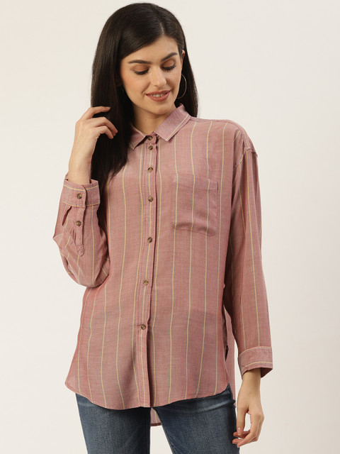 

AMERICAN EAGLE OUTFITTERS Women Dusty Pink & Yellow Regular Fit Striped Casual Shirt