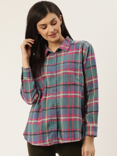 

AMERICAN EAGLE OUTFITTERS Women Teal Green & Pink Regular Fit Checked Casual Shirt