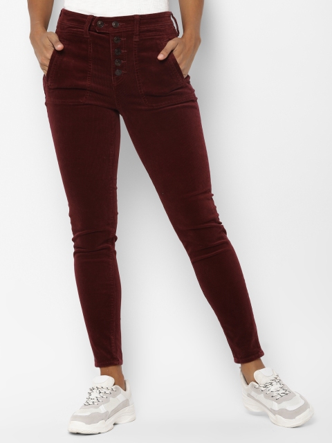 

AMERICAN EAGLE OUTFITTERS Women Burgundy Slim Fit Solid Regular Trousers