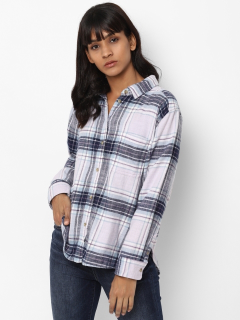 

AMERICAN EAGLE OUTFITTERS Women Purple & White Regular Fit Checked Casual Shirt